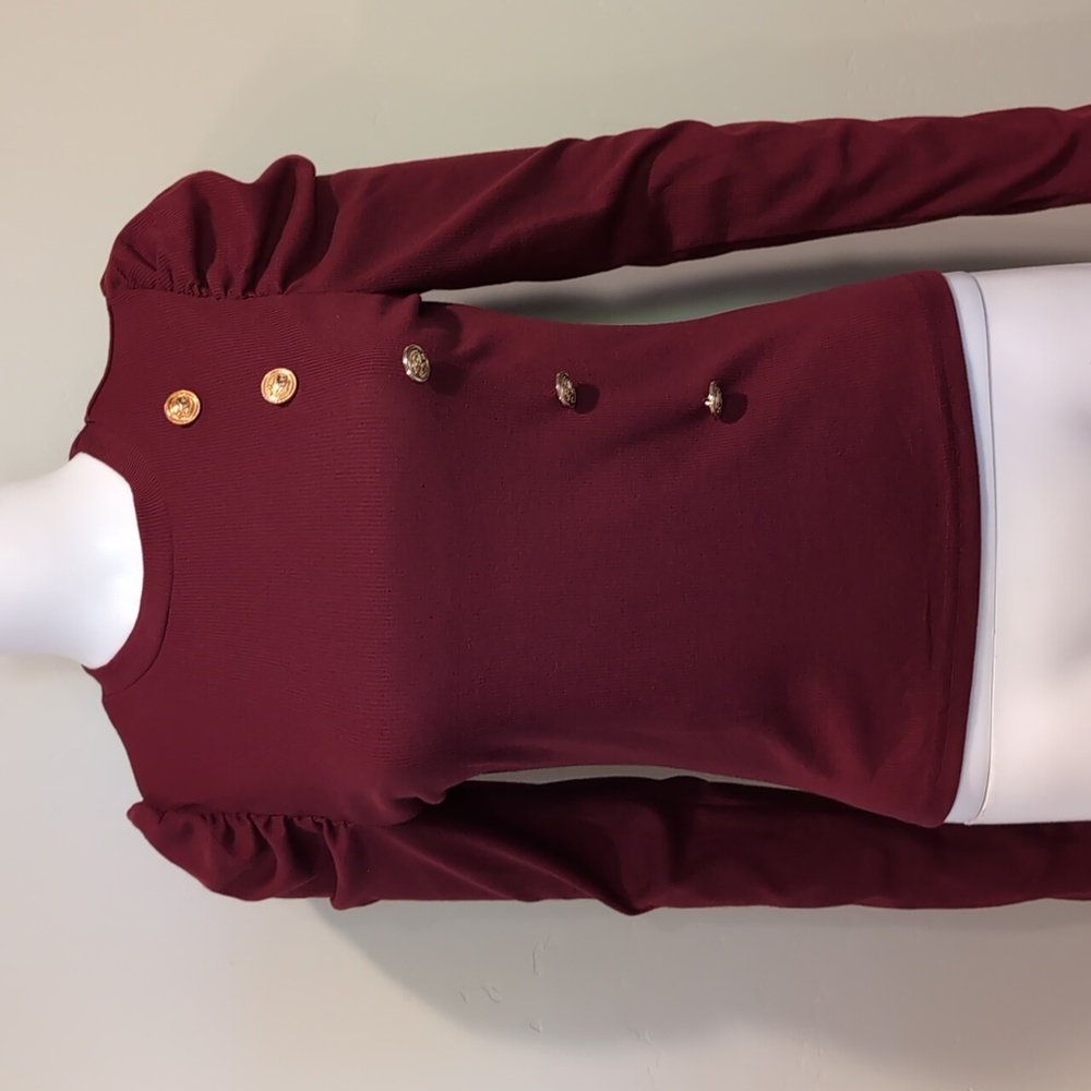 SHEIN Dark Red Ribbed Crew Neck Long Sleeve Gold Button Top Size Large